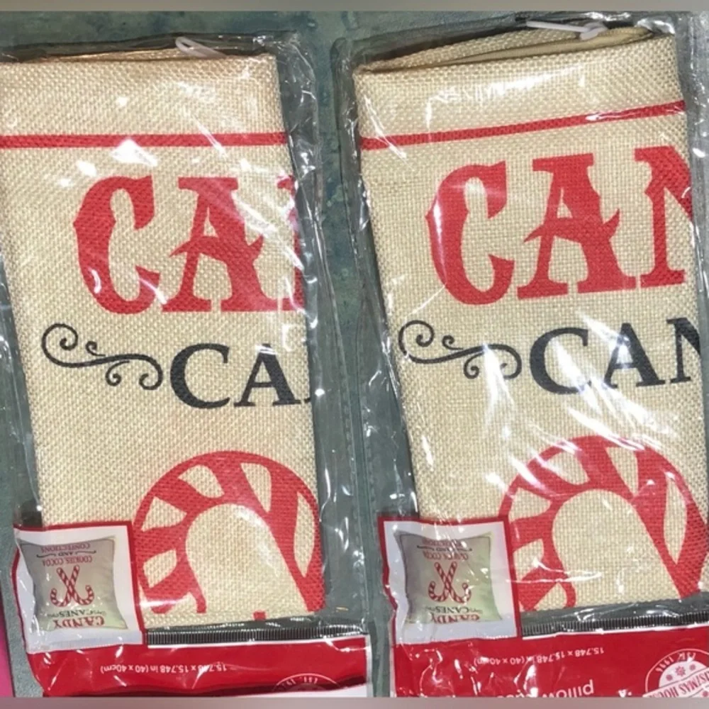 Burlap Christmas holiday candy cane red graphic print décor‎ pillow cases new